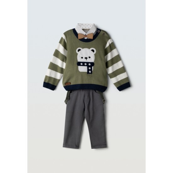 HASHTAG Σετ Πλεκτό, Πουκάμισο, Παντελόνι, Παπιγιόν και Τιράντες 243601 Λαδί