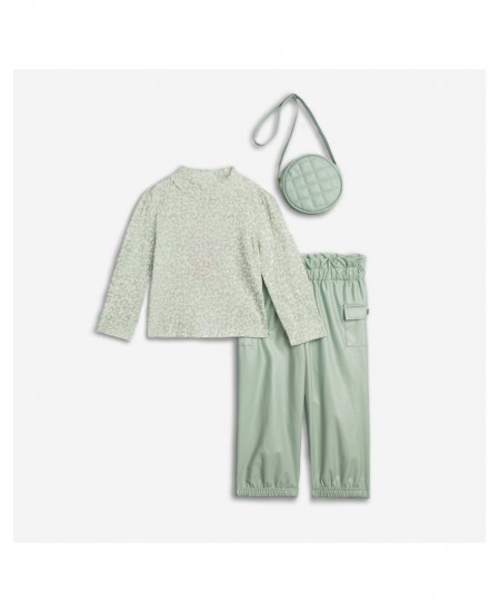 FUNKY Σετ Μπλούζα Ριπ, Παντελόνι Δερματίνη και Τσαντάκι 226-723106 Φυστικί