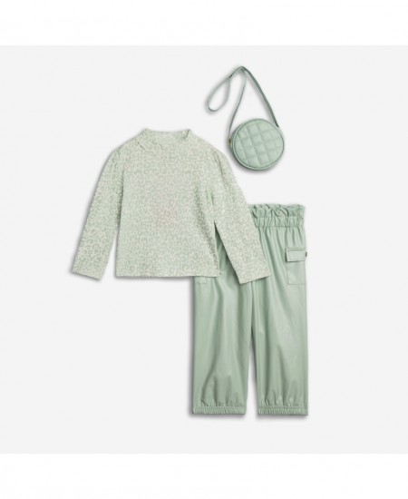 FUNKY Σετ Μπλούζα Ριπ, Παντελόνι Δερματίνη και Τσαντάκι 226-723106 Φυστικί