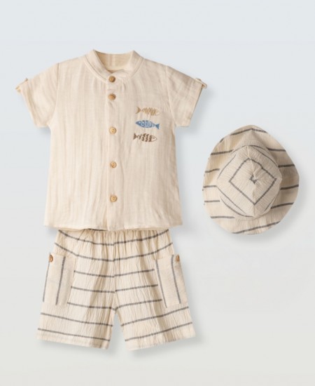 HASHTAG Σετ Πουκάμισο, Βερμούδα και Καπέλο 266601 Εκρού