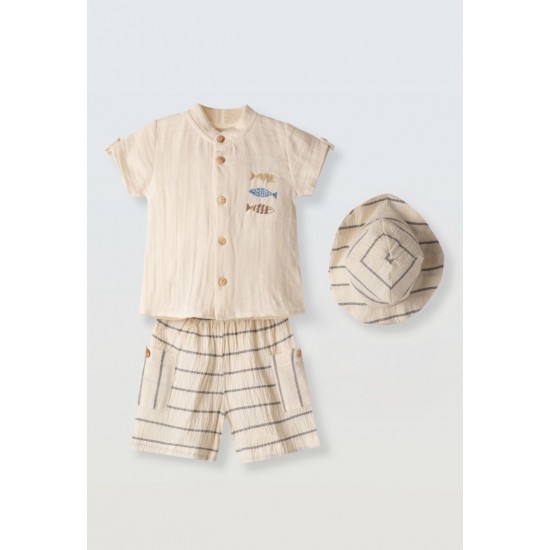 HASHTAG Σετ Πουκάμισο, Βερμούδα και Καπέλο 266601 Εκρού