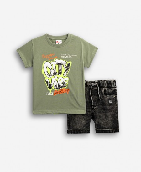 FUNKY Σετ Μπλούζα και Βερμούδα Τζιν 126-302105 Χακί